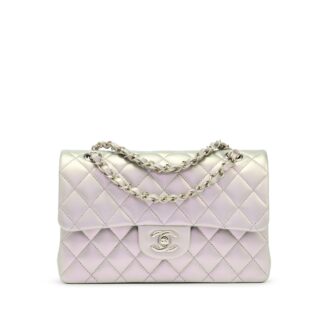 Metallic Silver Quilted Lambskin Small Classic Double Flap Silver Hardware, 2021